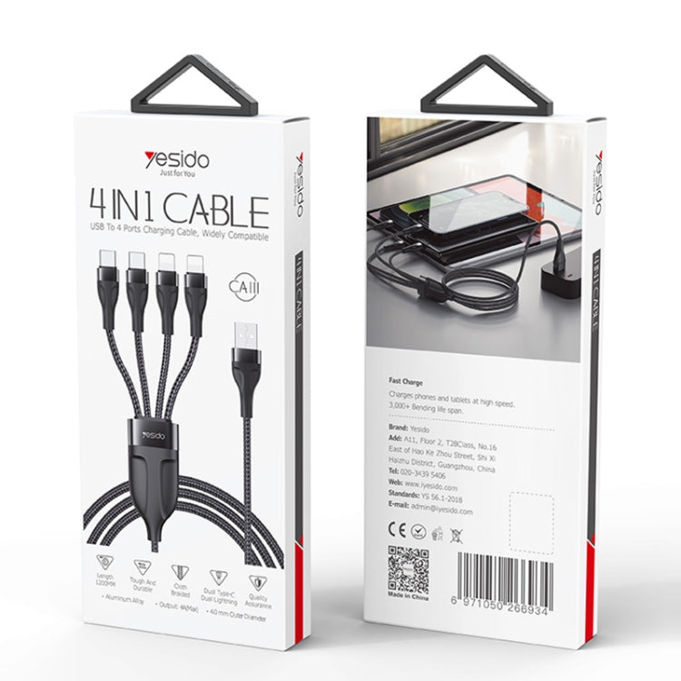 YESIDO CA111 1,2 m 4A da USB a doppio tipo C + doppio cavo di ricarica a 8 pin, CA111