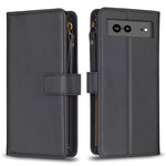 Custodia per telefono a conchiglia in pelle con portafoglio con cerniera a 9 slot per schede, For Google Pixel 8 Pro, For Google Pixel 8, For Google Pixel 7a, For Google Pixel 7 Pro