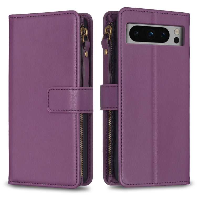 Custodia per telefono a conchiglia in pelle con portafoglio con cerniera a 9 slot per schede, For Google Pixel 8 Pro, For Google Pixel 8, For Google Pixel 7a, For Google Pixel 7 Pro