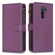 Custodia per telefono a conchiglia in pelle con portafoglio con cerniera a 9 slot per schede, For Xiaomi Redmi 9, For Xiaomi Redmi 9C, For Xiaomi Redmi Note 9 Pro Max