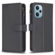 Custodia per telefono a conchiglia in pelle con portafoglio con cerniera a 9 slot per schede, For Xiaomi Poco F5 5G, For Xiaomi Redmi Note 12S 4G, For Xiaomi Redmi Note 12 4G, For Xiaomi Civi 3 5G