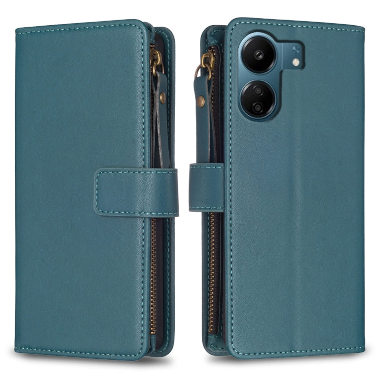 Custodia per telefono a conchiglia in pelle con portafoglio con cerniera a 9 slot per schede, For Xiaomi Redmi 13C, For Xiaomi Redmi Note 13 Pro+ 5G, For Xiaomi Redmi Note 13 Pro 5G, For Xiaomi Redmi 12 4G