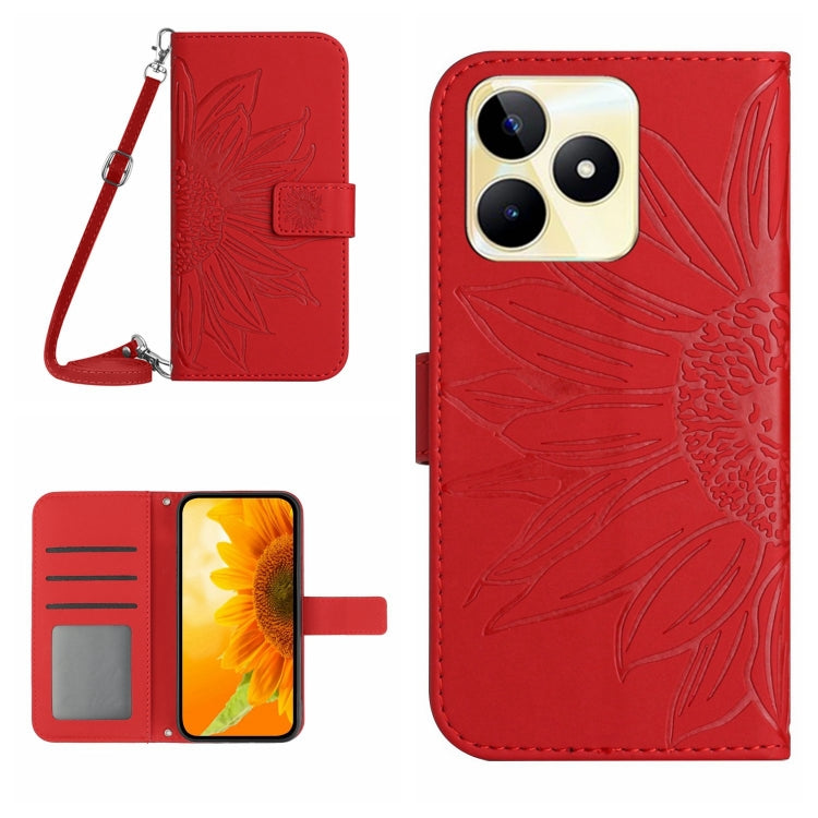 Skin Feel Custodia per telefono in pelle con flip in rilievo Sun Flower con cordino, For Realme C53, For Realme 11 4G Global