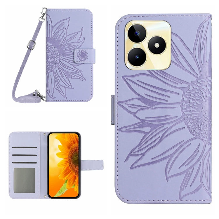 Skin Feel Custodia per telefono in pelle con flip in rilievo Sun Flower con cordino, For Realme C53, For Realme 11 4G Global