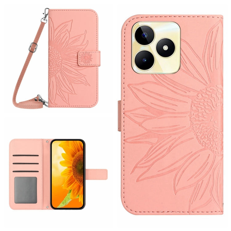 Skin Feel Custodia per telefono in pelle con flip in rilievo Sun Flower con cordino, For Realme C53, For Realme 11 4G Global