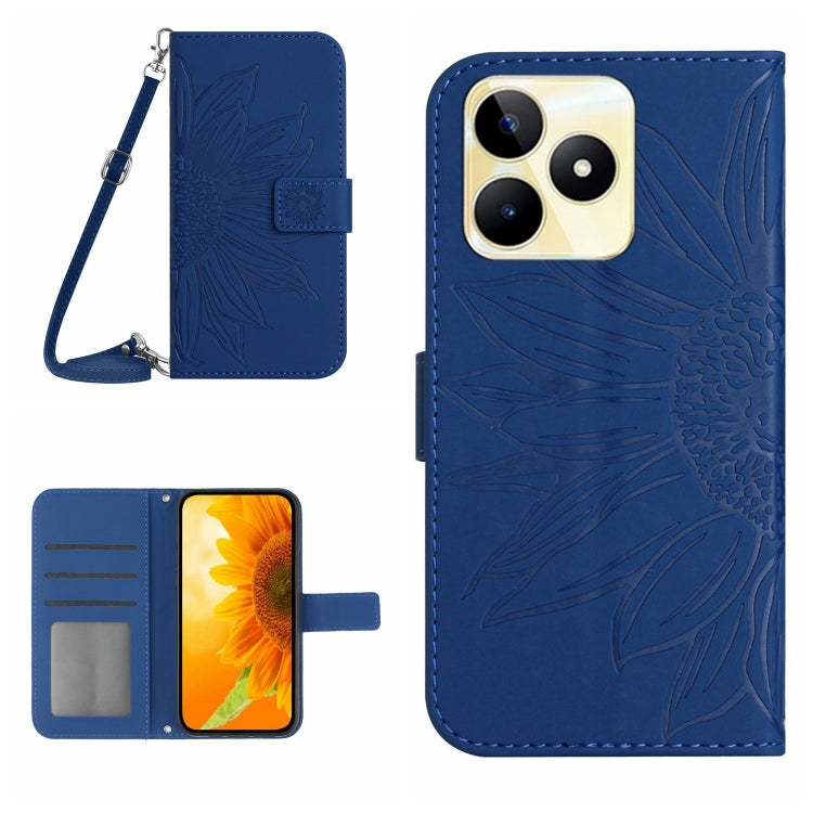Skin Feel Custodia per telefono in pelle con flip in rilievo Sun Flower con cordino, For Realme C53, For Realme 11 4G Global