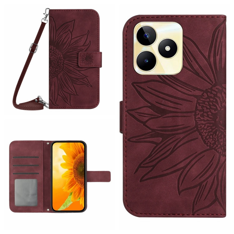 Skin Feel Custodia per telefono in pelle con flip in rilievo Sun Flower con cordino, For Realme C53, For Realme 11 4G Global
