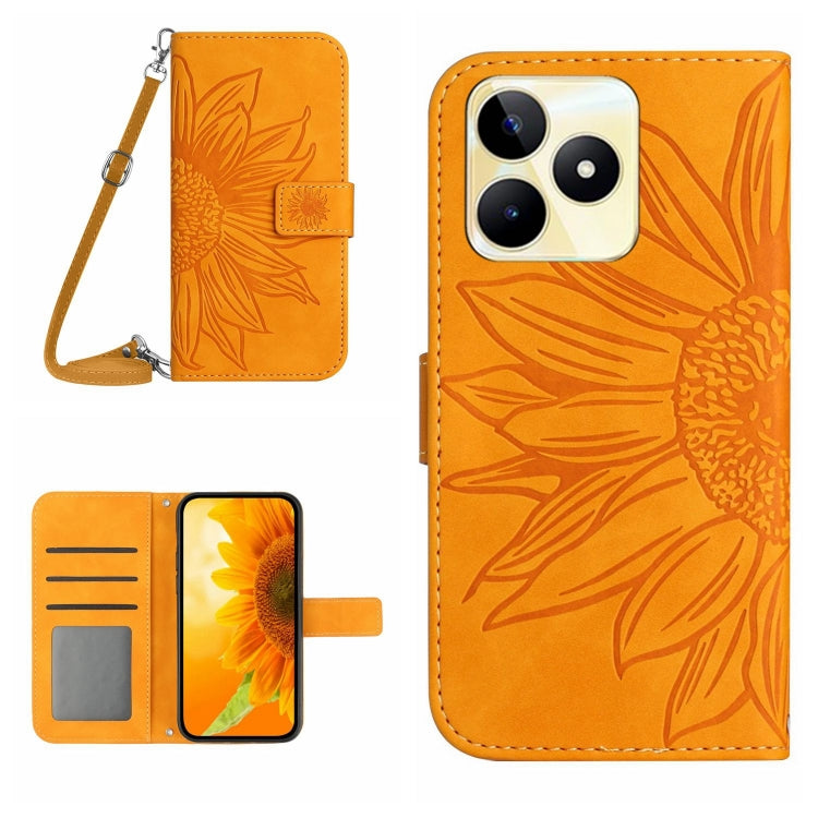 Skin Feel Custodia per telefono in pelle con flip in rilievo Sun Flower con cordino, For Realme C53, For Realme 11 4G Global
