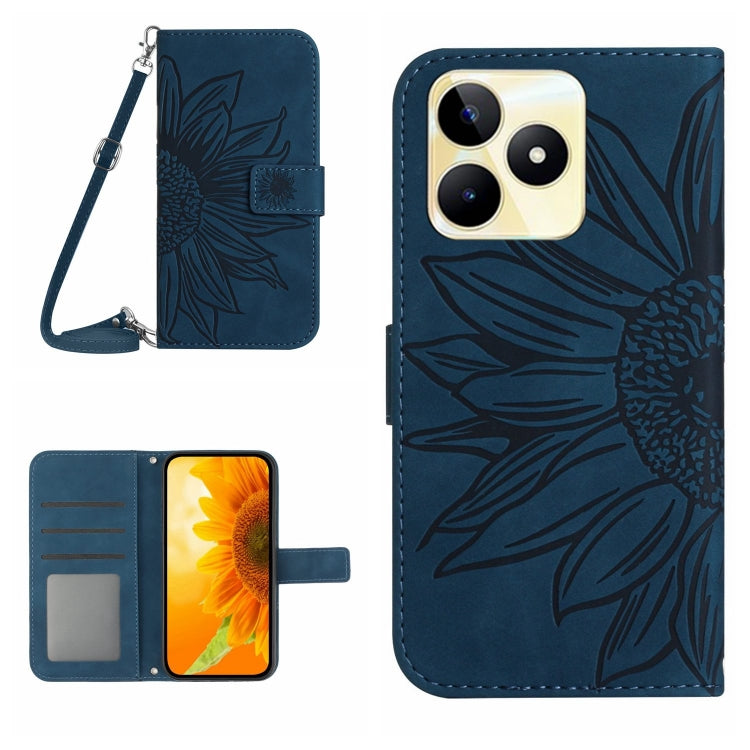 Skin Feel Custodia per telefono in pelle con flip in rilievo Sun Flower con cordino, For Realme C53, For Realme 11 4G Global