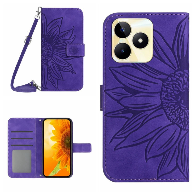 Skin Feel Custodia per telefono in pelle con flip in rilievo Sun Flower con cordino, For Realme C53, For Realme 11 4G Global