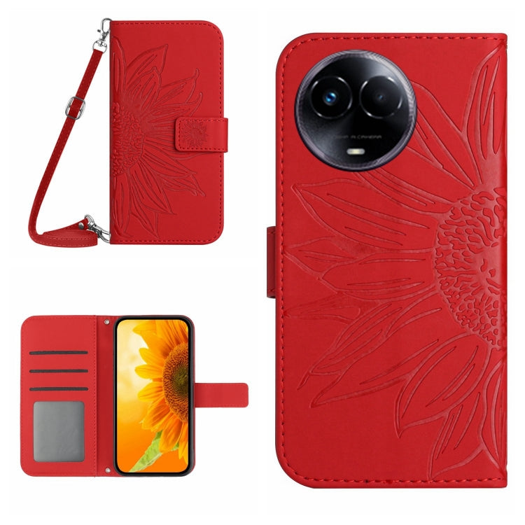 Skin Feel Custodia per telefono in pelle con flip in rilievo Sun Flower con cordino, For Realme C67 4G, For Realme 11 5G Global