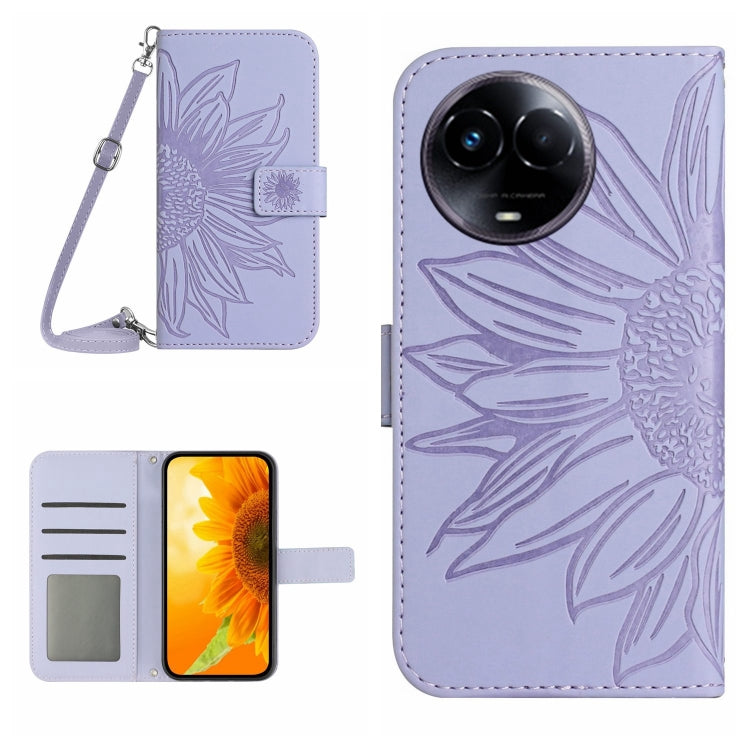 Skin Feel Custodia per telefono in pelle con flip in rilievo Sun Flower con cordino, For Realme C67 4G, For Realme 11 5G Global