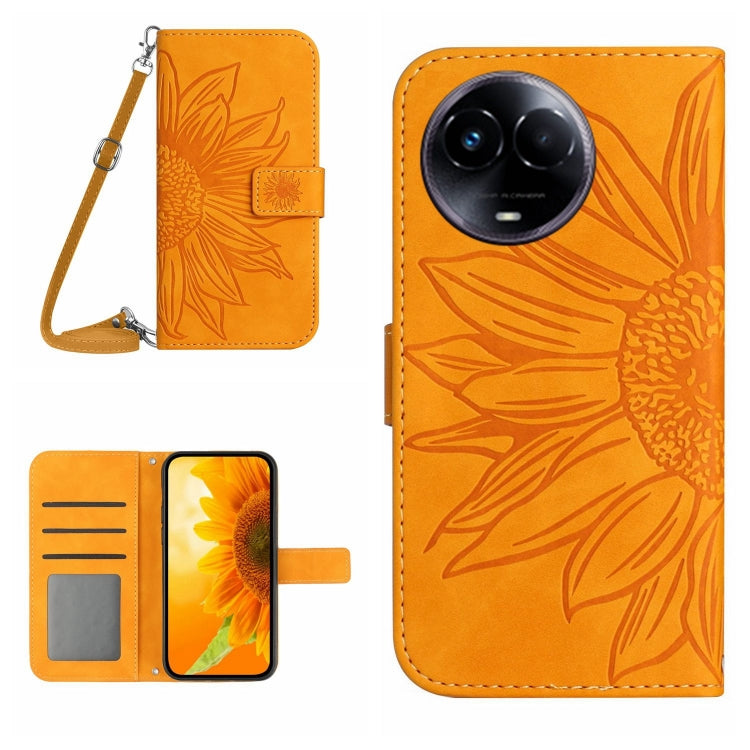 Skin Feel Custodia per telefono in pelle con flip in rilievo Sun Flower con cordino, For Realme C67 4G, For Realme 11 5G Global