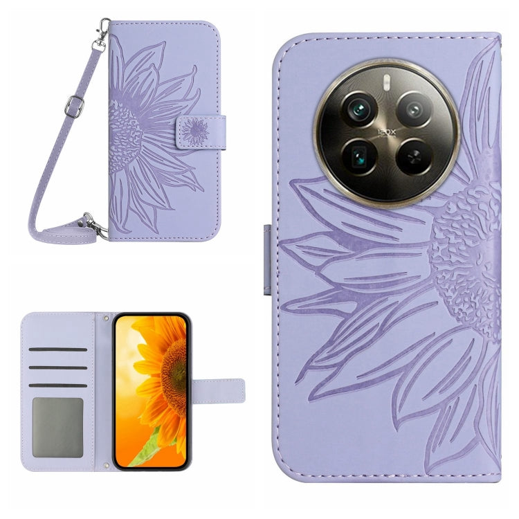 Skin Feel Custodia per telefono in pelle con flip in rilievo Sun Flower con cordino, For Realme 12+ Global, For Realme 12 Pro/12 Pro+ Global