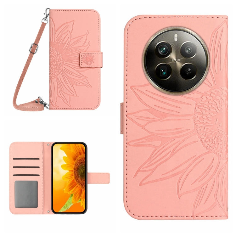 Skin Feel Custodia per telefono in pelle con flip in rilievo Sun Flower con cordino, For Realme 12+ Global, For Realme 12 Pro/12 Pro+ Global