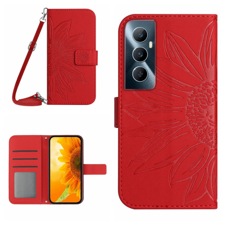 Skin Feel Custodia per telefono in pelle con flip in rilievo Sun Flower con cordino, For Realme C65 4G