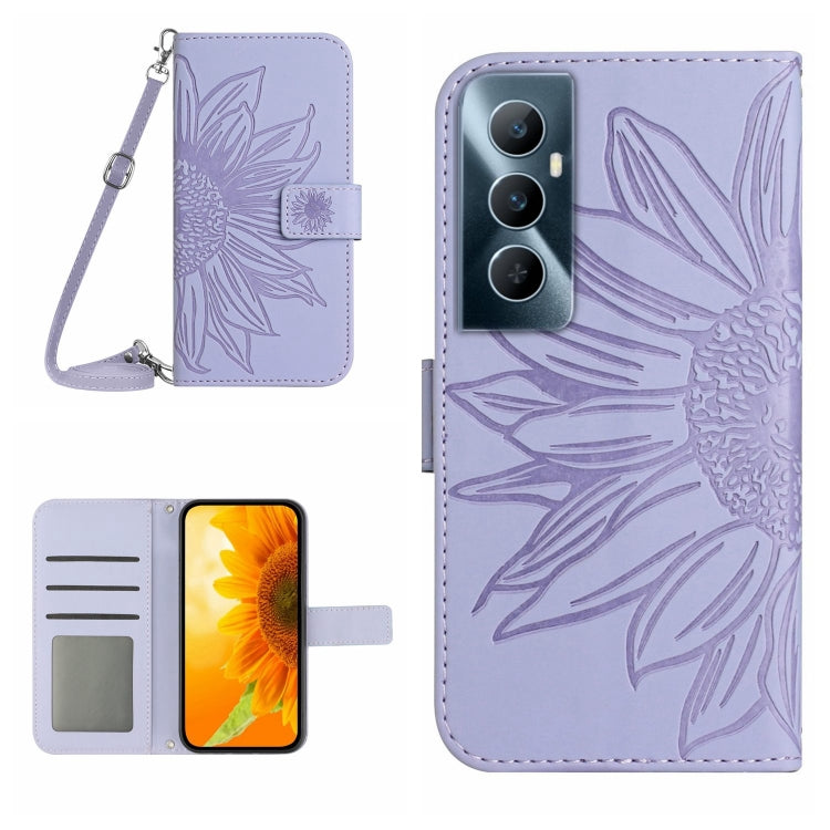 Skin Feel Custodia per telefono in pelle con flip in rilievo Sun Flower con cordino, For Realme C65 4G