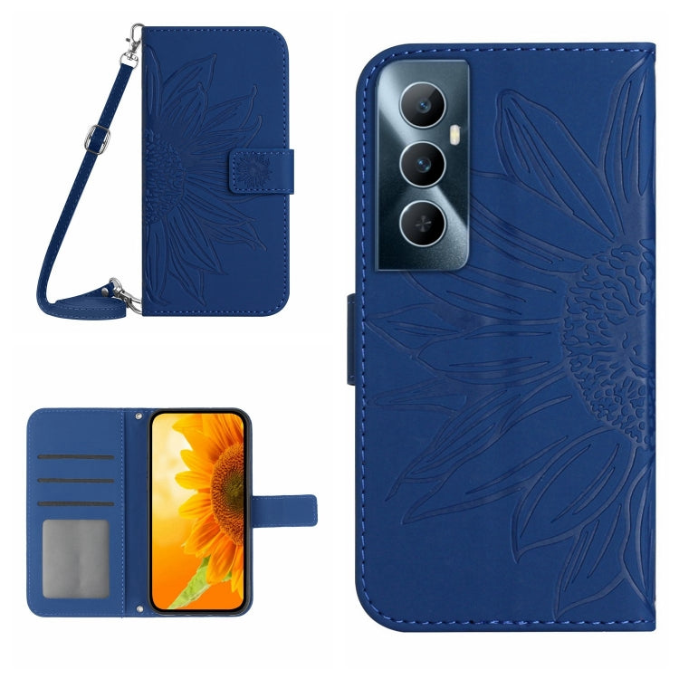 Skin Feel Custodia per telefono in pelle con flip in rilievo Sun Flower con cordino, For Realme C65 4G