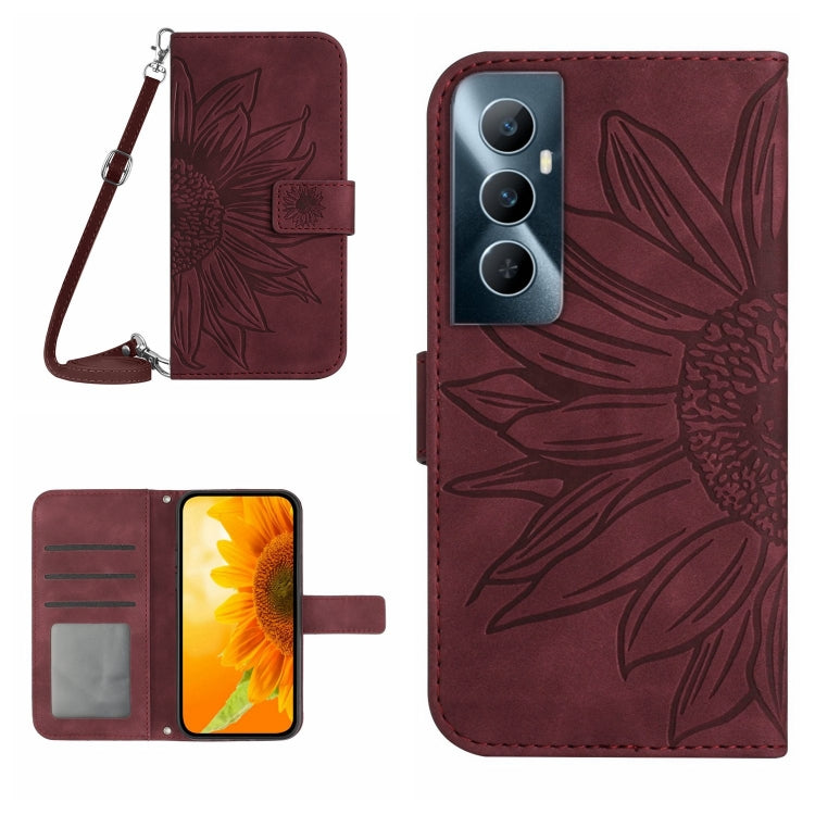 Skin Feel Custodia per telefono in pelle con flip in rilievo Sun Flower con cordino, For Realme C65 4G