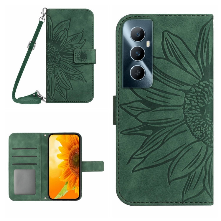 Skin Feel Custodia per telefono in pelle con flip in rilievo Sun Flower con cordino, For Realme C65 4G