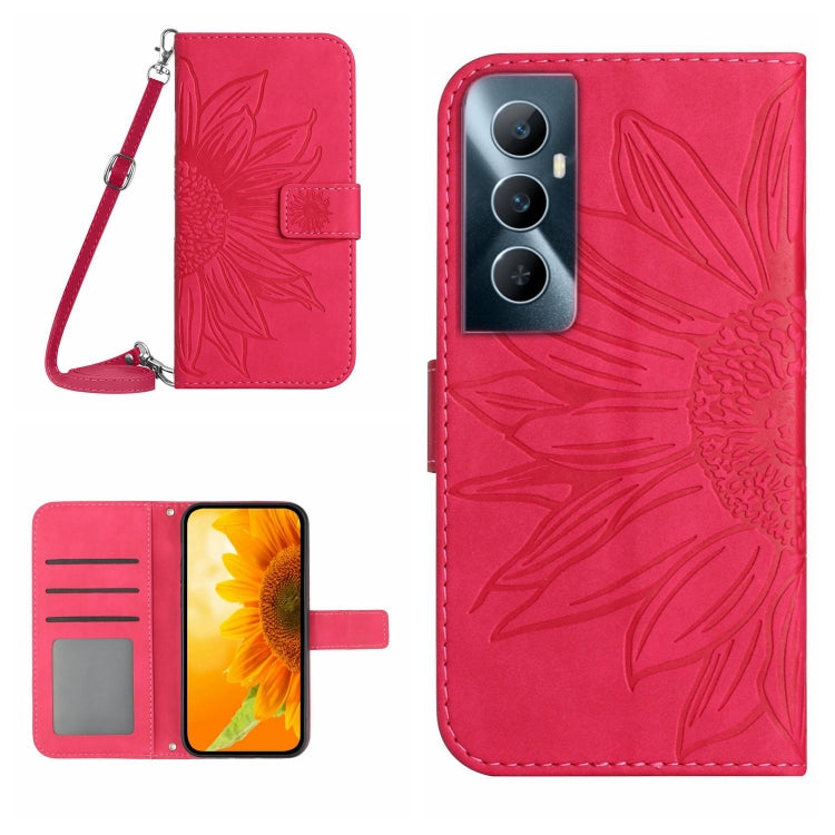 Skin Feel Custodia per telefono in pelle con flip in rilievo Sun Flower con cordino, For Realme C65 4G