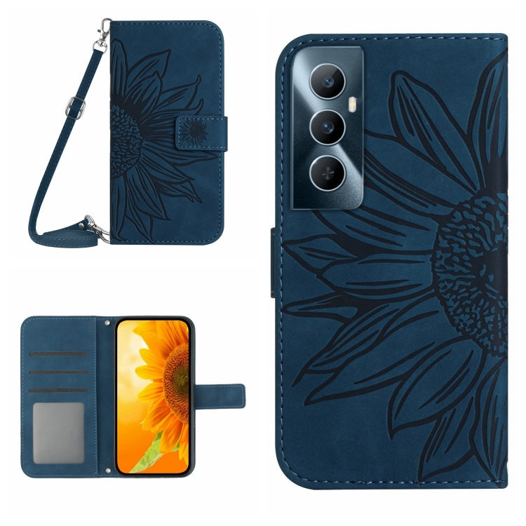 Skin Feel Custodia per telefono in pelle con flip in rilievo Sun Flower con cordino, For Realme C65 4G