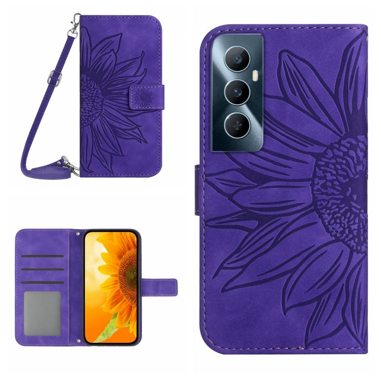 Skin Feel Custodia per telefono in pelle con flip in rilievo Sun Flower con cordino, For Realme C65 4G