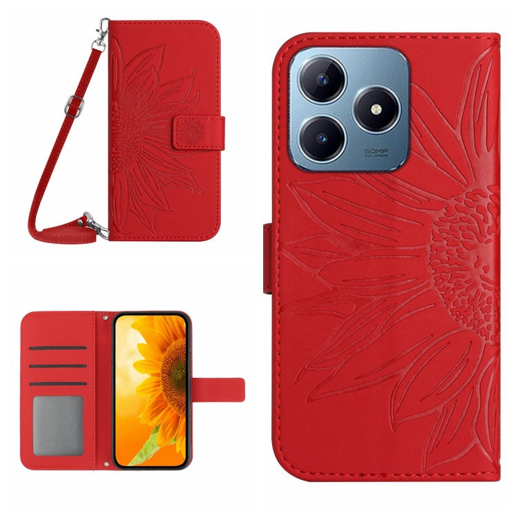 Skin Feel Custodia per telefono in pelle con flip in rilievo Sun Flower con cordino, For Realme C63 4G Global/ C61, For Realme 12 5G Global