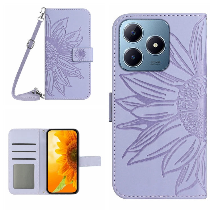Skin Feel Custodia per telefono in pelle con flip in rilievo Sun Flower con cordino, For Realme C63 4G Global/ C61, For Realme 12 5G Global