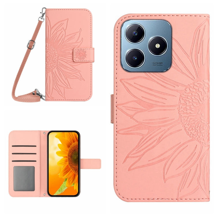Skin Feel Custodia per telefono in pelle con flip in rilievo Sun Flower con cordino, For Realme C63 4G Global/ C61, For Realme 12 5G Global