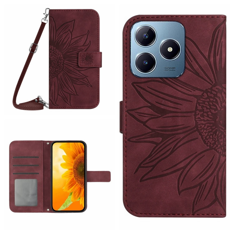 Skin Feel Custodia per telefono in pelle con flip in rilievo Sun Flower con cordino, For Realme C63 4G Global/ C61, For Realme 12 5G Global