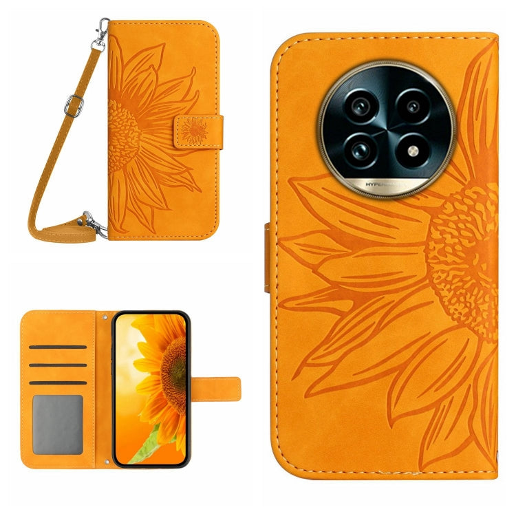 Skin Feel Custodia per telefono in pelle con flip in rilievo Sun Flower con cordino, For Realme 13 Pro 5G / 13 Pro+ 5G, For Realme C63 5G