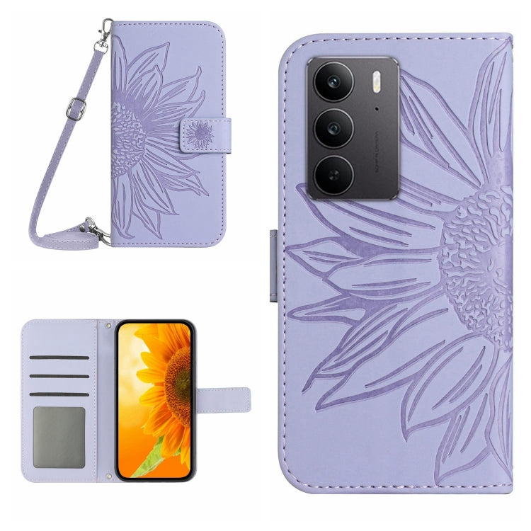 Skin Feel Custodia per telefono in pelle con flip in rilievo Sun Flower con cordino, For Realme C75 4G, For Realme 13+ 5G Global