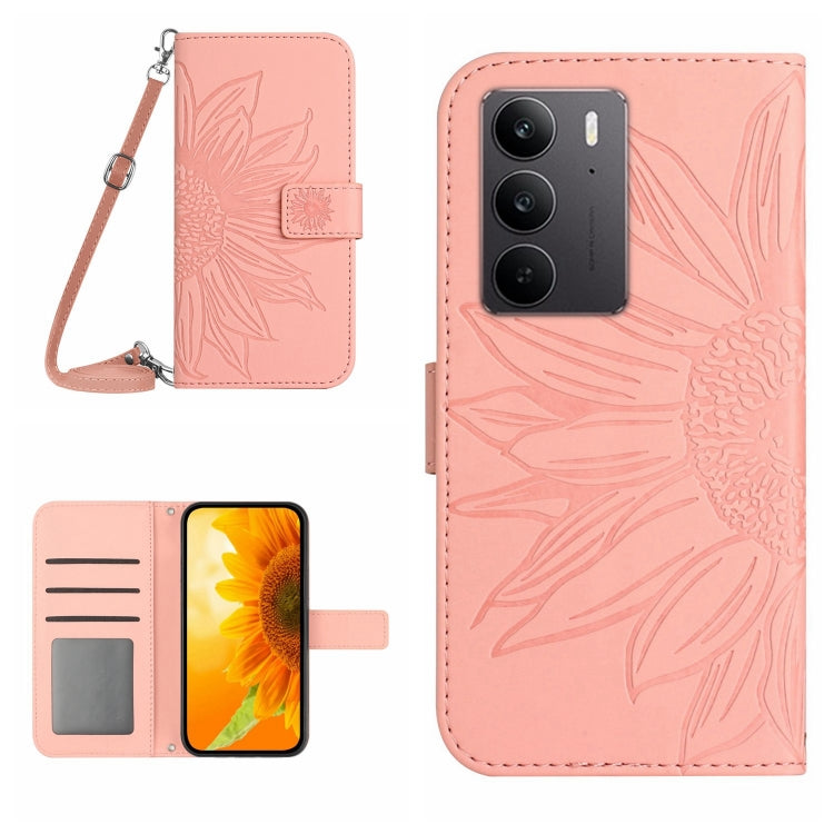 Skin Feel Custodia per telefono in pelle con flip in rilievo Sun Flower con cordino, For Realme C75 4G, For Realme 13+ 5G Global