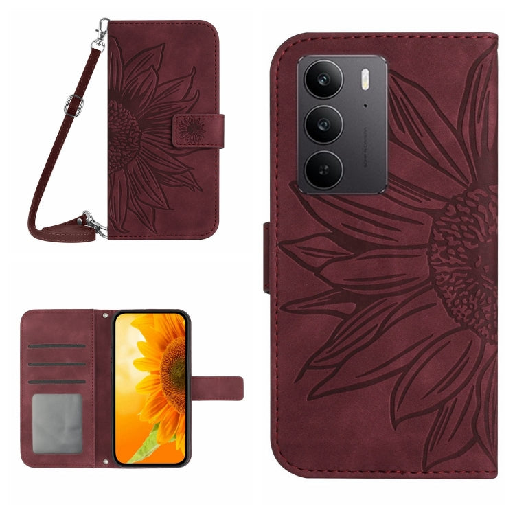 Skin Feel Custodia per telefono in pelle con flip in rilievo Sun Flower con cordino, For Realme C75 4G, For Realme 13+ 5G Global