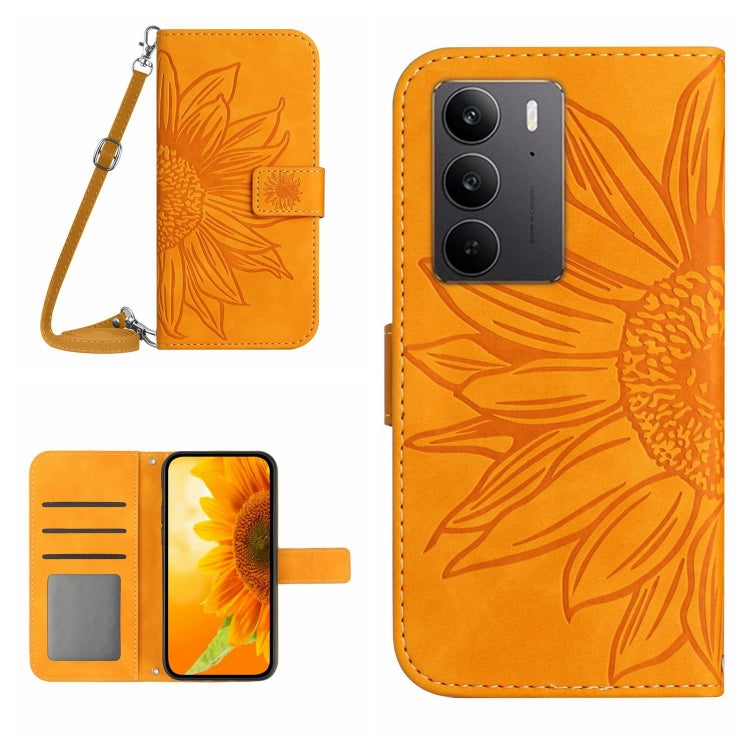 Skin Feel Custodia per telefono in pelle con flip in rilievo Sun Flower con cordino, For Realme C75 4G, For Realme 13+ 5G Global