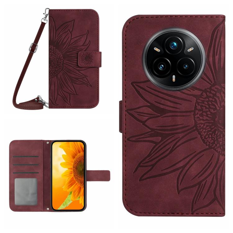 Skin Feel Custodia per telefono in pelle con flip in rilievo Sun Flower con cordino, For Realme P3 Pro 5G Global, For Realme 14 Pro+ 5G