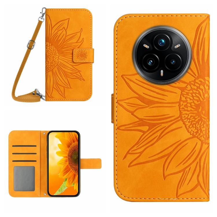 Skin Feel Custodia per telefono in pelle con flip in rilievo Sun Flower con cordino, For Realme P3 Pro 5G Global, For Realme 14 Pro+ 5G