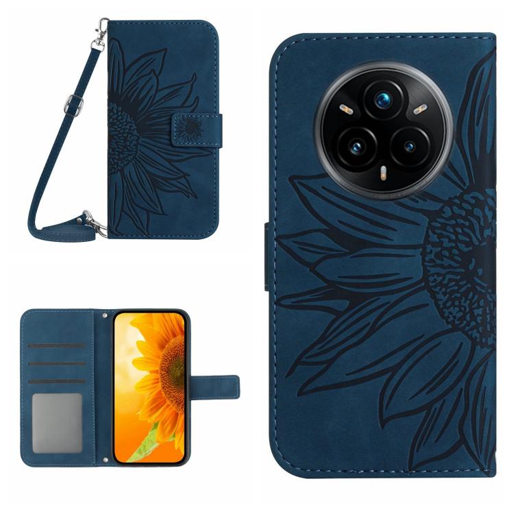 Skin Feel Custodia per telefono in pelle con flip in rilievo Sun Flower con cordino, For Realme P3 Pro 5G Global, For Realme 14 Pro+ 5G