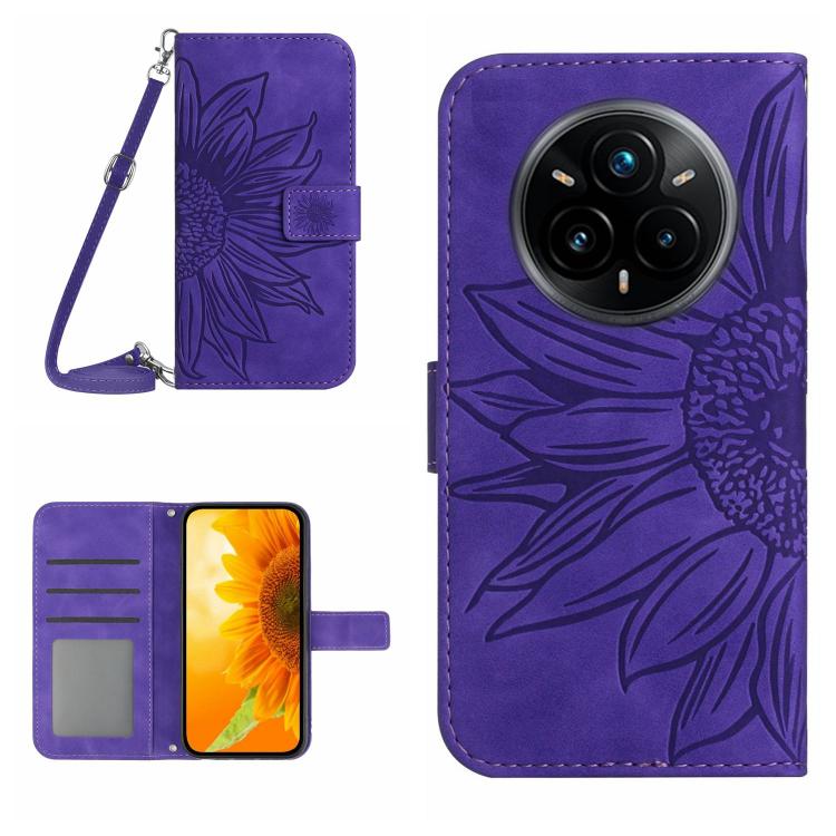 Skin Feel Custodia per telefono in pelle con flip in rilievo Sun Flower con cordino, For Realme P3 Pro 5G Global, For Realme 14 Pro+ 5G