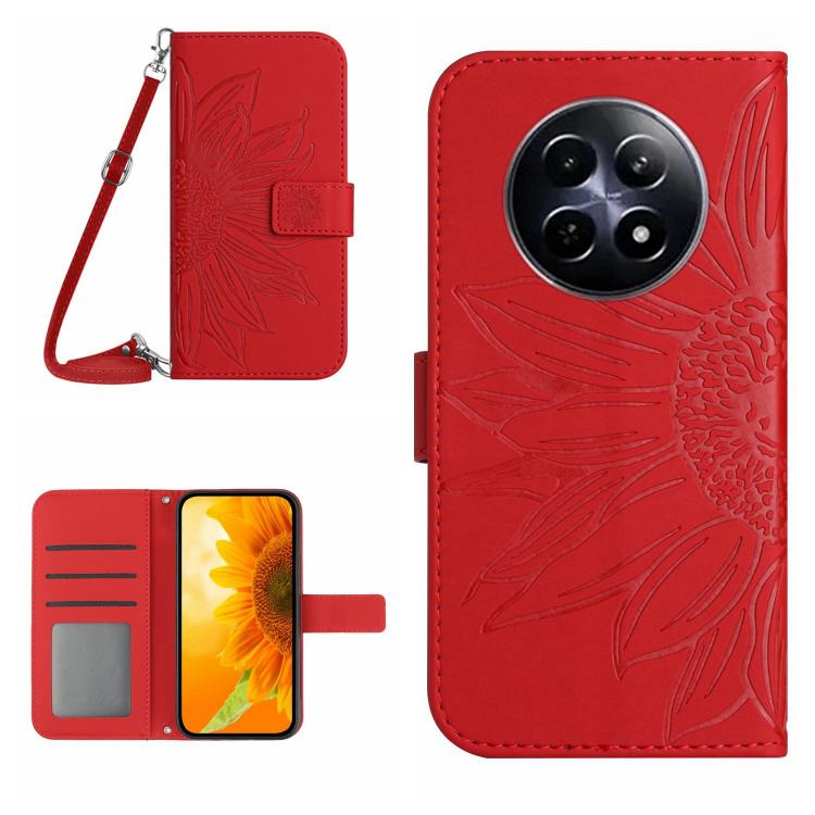 Skin Feel Custodia per telefono in pelle con flip in rilievo Sun Flower con cordino, For Realme C75 4G, For Realme 13+ 5G Global