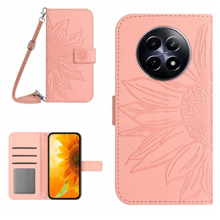 Skin Feel Custodia per telefono in pelle con flip in rilievo Sun Flower con cordino, For Realme C75 4G, For Realme 13+ 5G Global