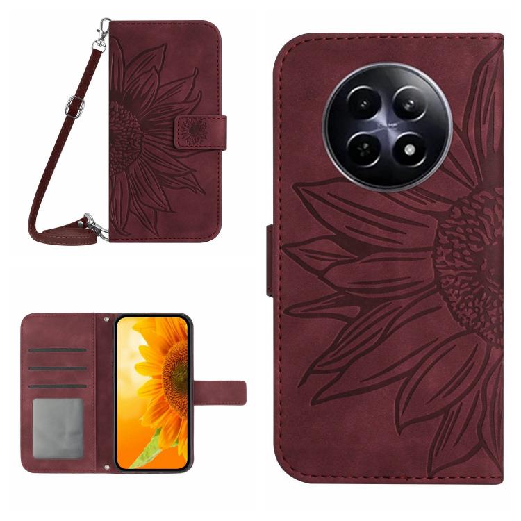 Skin Feel Custodia per telefono in pelle con flip in rilievo Sun Flower con cordino, For Realme C75 4G, For Realme 13+ 5G Global