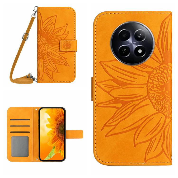 Skin Feel Custodia per telefono in pelle con flip in rilievo Sun Flower con cordino, For Realme C75 4G, For Realme 13+ 5G Global