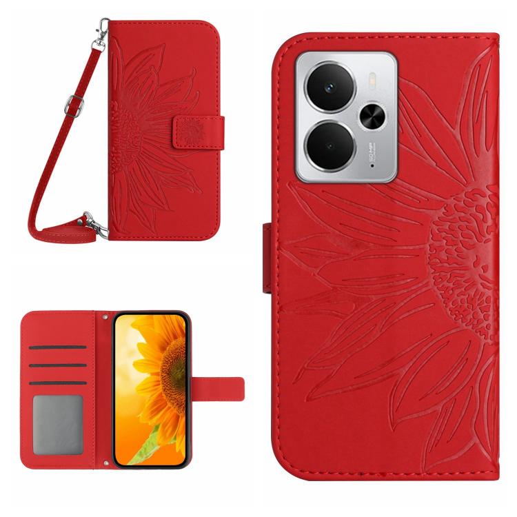 Skin Feel Custodia per telefono in pelle con flip in rilievo Sun Flower con cordino, For Realme C75 5G, For Realme 14 5G Global / P3 5G Global