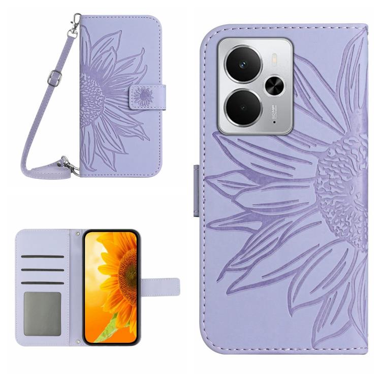 Skin Feel Custodia per telefono in pelle con flip in rilievo Sun Flower con cordino, For Realme C75 5G, For Realme 14 5G Global / P3 5G Global