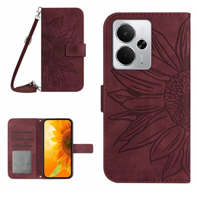 Skin Feel Custodia per telefono in pelle con flip in rilievo Sun Flower con cordino, For Realme C75 5G, For Realme 14 5G Global / P3 5G Global
