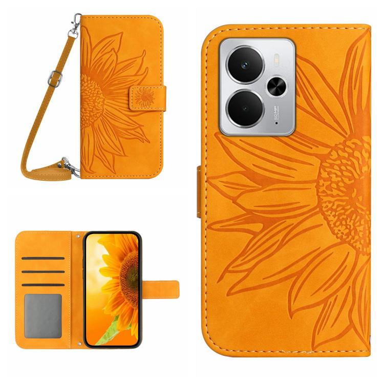 Skin Feel Custodia per telefono in pelle con flip in rilievo Sun Flower con cordino, For Realme C75 5G, For Realme 14 5G Global / P3 5G Global