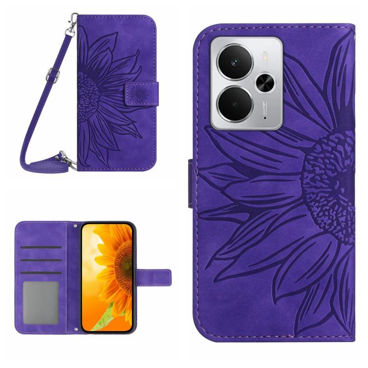 Skin Feel Custodia per telefono in pelle con flip in rilievo Sun Flower con cordino, For Realme C75 5G, For Realme 14 5G Global / P3 5G Global