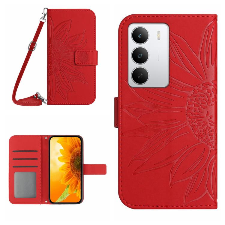 Skin Feel Custodia per telefono in pelle con flip in rilievo Sun Flower con cordino, For Realme C75 5G, For Realme 14 5G Global / P3 5G Global